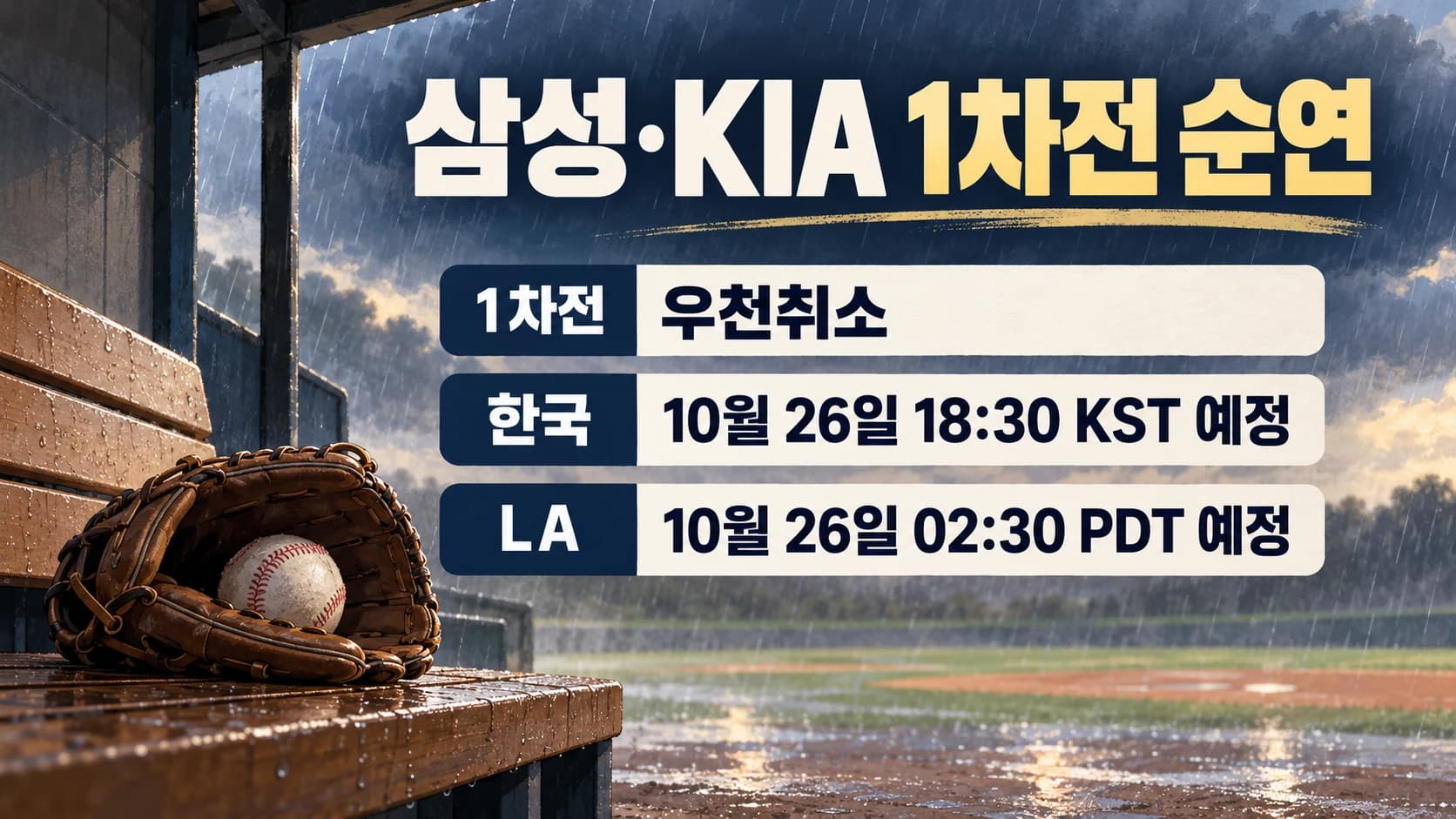삼성·KIA 플레이오프 1차전 우천순연…LA 26일 새벽 2시30분 예정