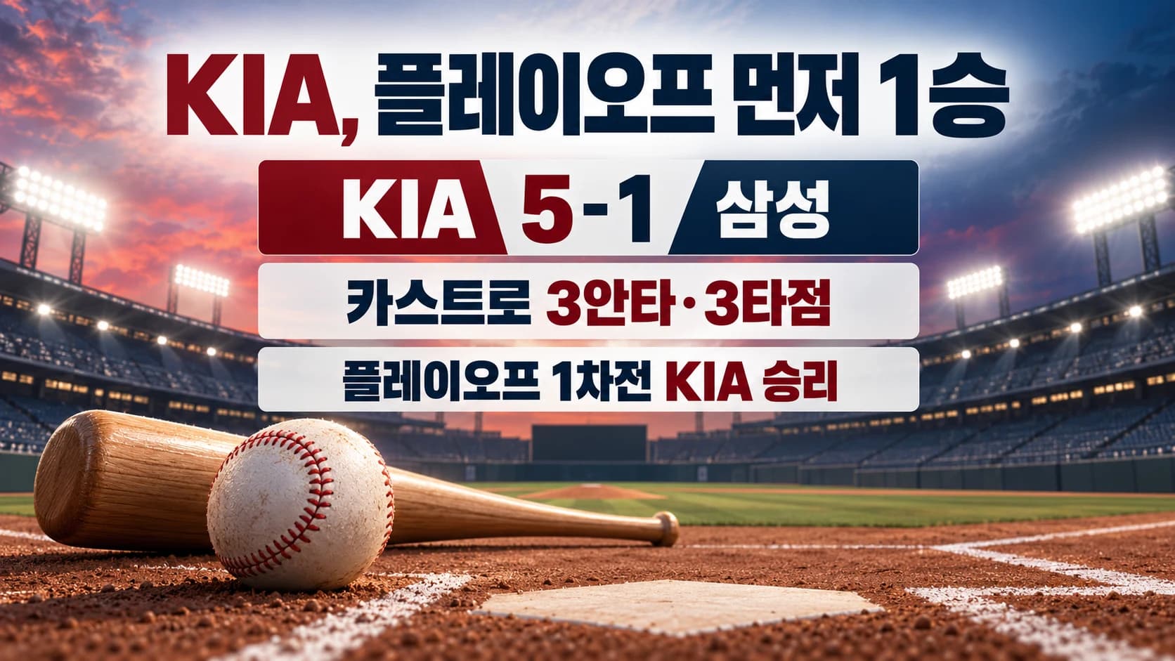 카스트로 3타점…KIA, 삼성에 5-1 승리로 플레이오프 먼저 1승