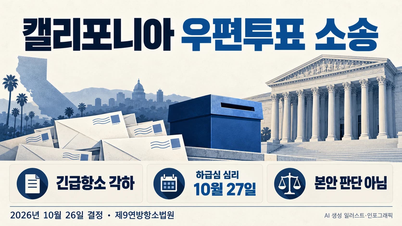캘리포니아 우편투표 긴급항소 각하…항소법원 “하급심 판단 기회 먼저”