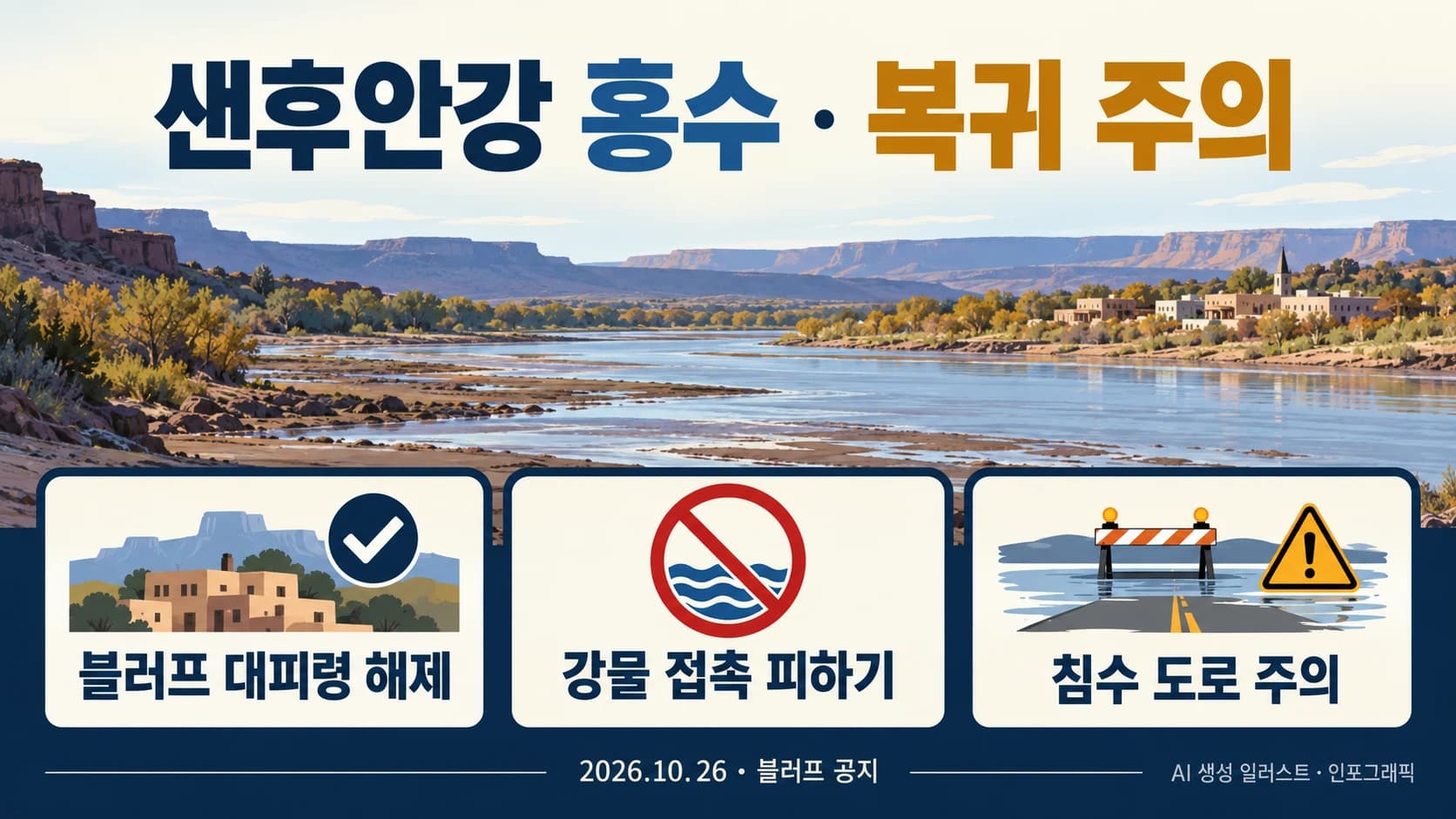 샌후안강 홍수, 블러프 대피령 해제 뒤에도 오염수·침수도로 경고