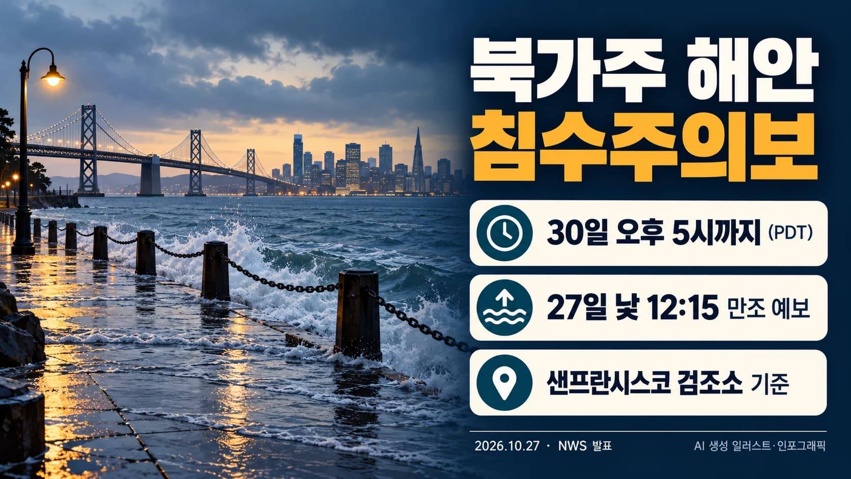 샌프란시스코만 해안 침수주의보 유지…27일 낮 만조 앞두고 도로 주의