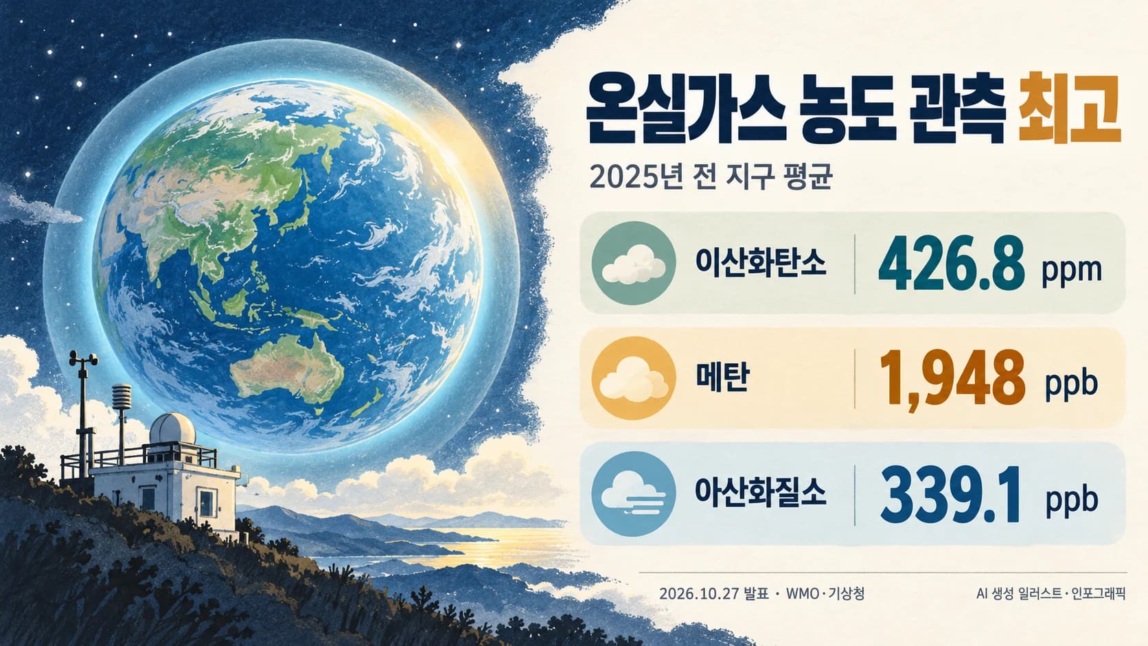 2025년 온실가스 농도 또 최고…전 지구 CO₂ 426.8ppm