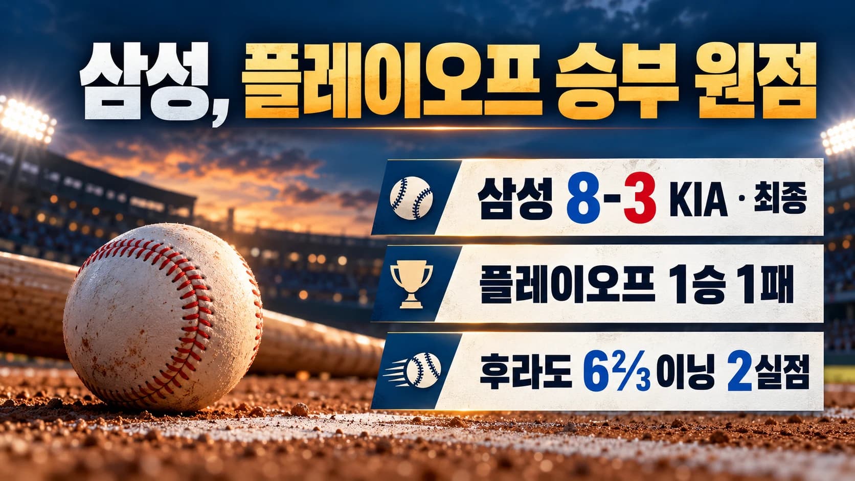 최형우 쐐기포·후라도 역투…삼성, KIA 8-3 꺾고 PO 1승 1패