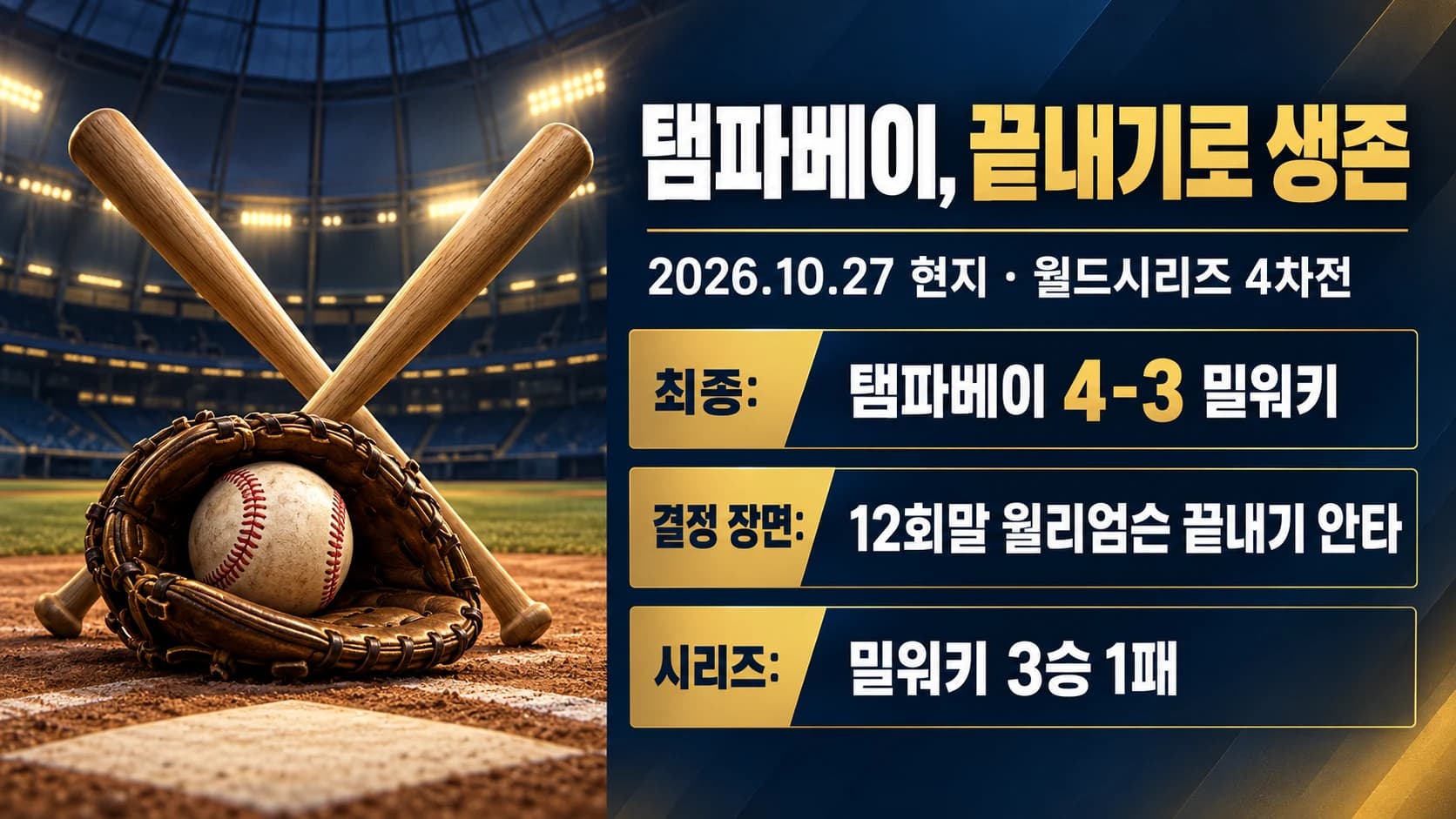 윌리엄슨 12회 끝내기…탬파베이, 월드시리즈 4차전 4-3 승리