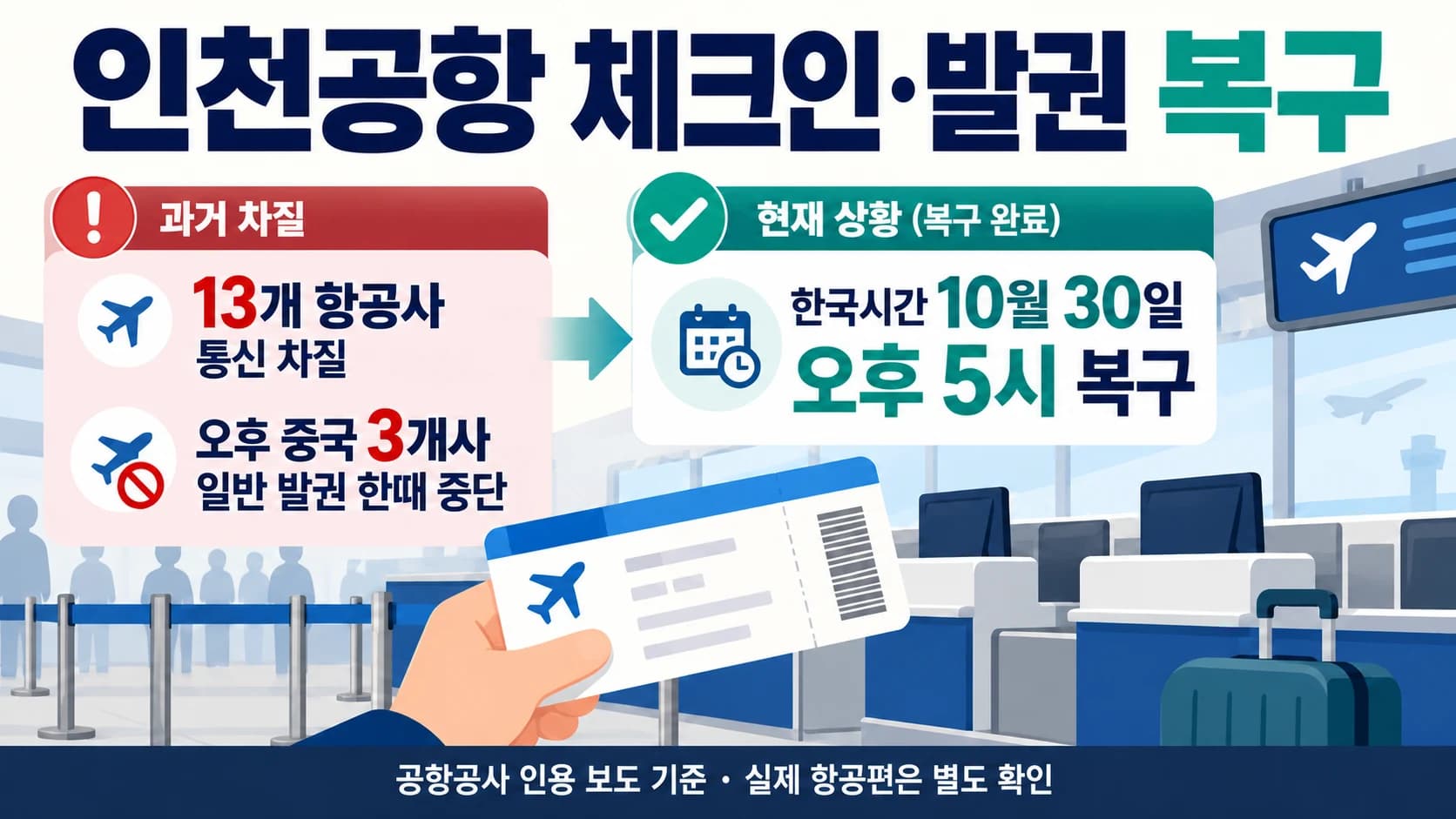인천공항 체크인·발권 장애, 한국시간 30일 오후 5시 복구…한때 1200여명 대기