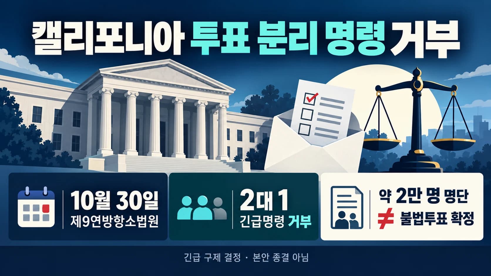 미 항소법원, 캘리포니아 투표용지 분리 긴급명령 거부…2대 1 결정