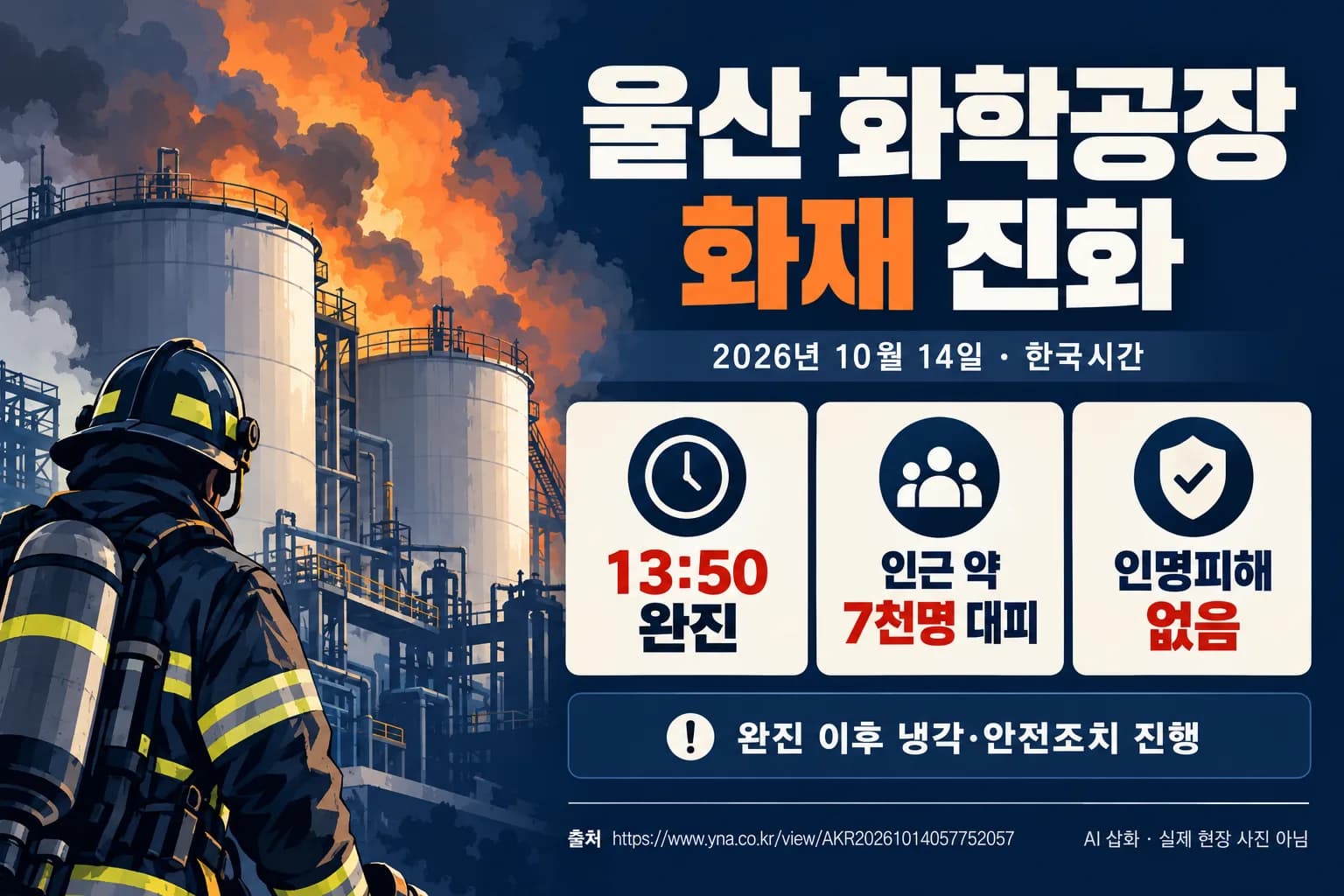울산 화학공장 화재 4시간 만에 진화…인근 근로자 7천명 대피