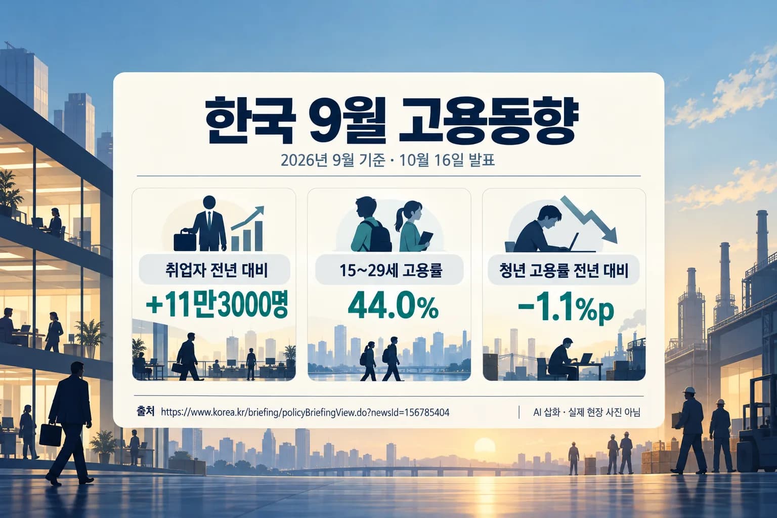 한국 9월 취업자 11만3000명 증가…청년 고용률은 44%로 하락