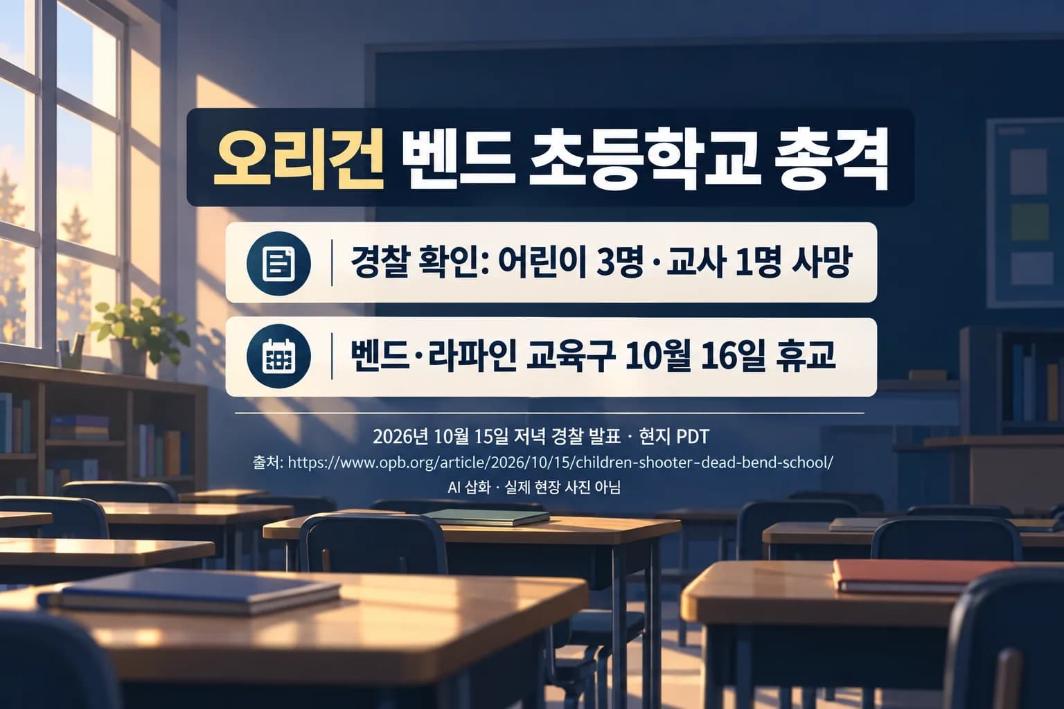 오리건 초등학교 총격, 어린이 3명·교사 1명 사망 확인…교육구는 16일 휴교