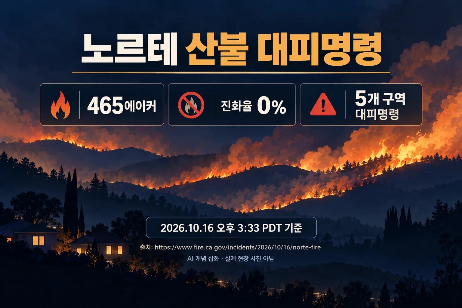 오렌지카운티 노르테 산불, 주택가 덮쳐…5개 구역 대피명령