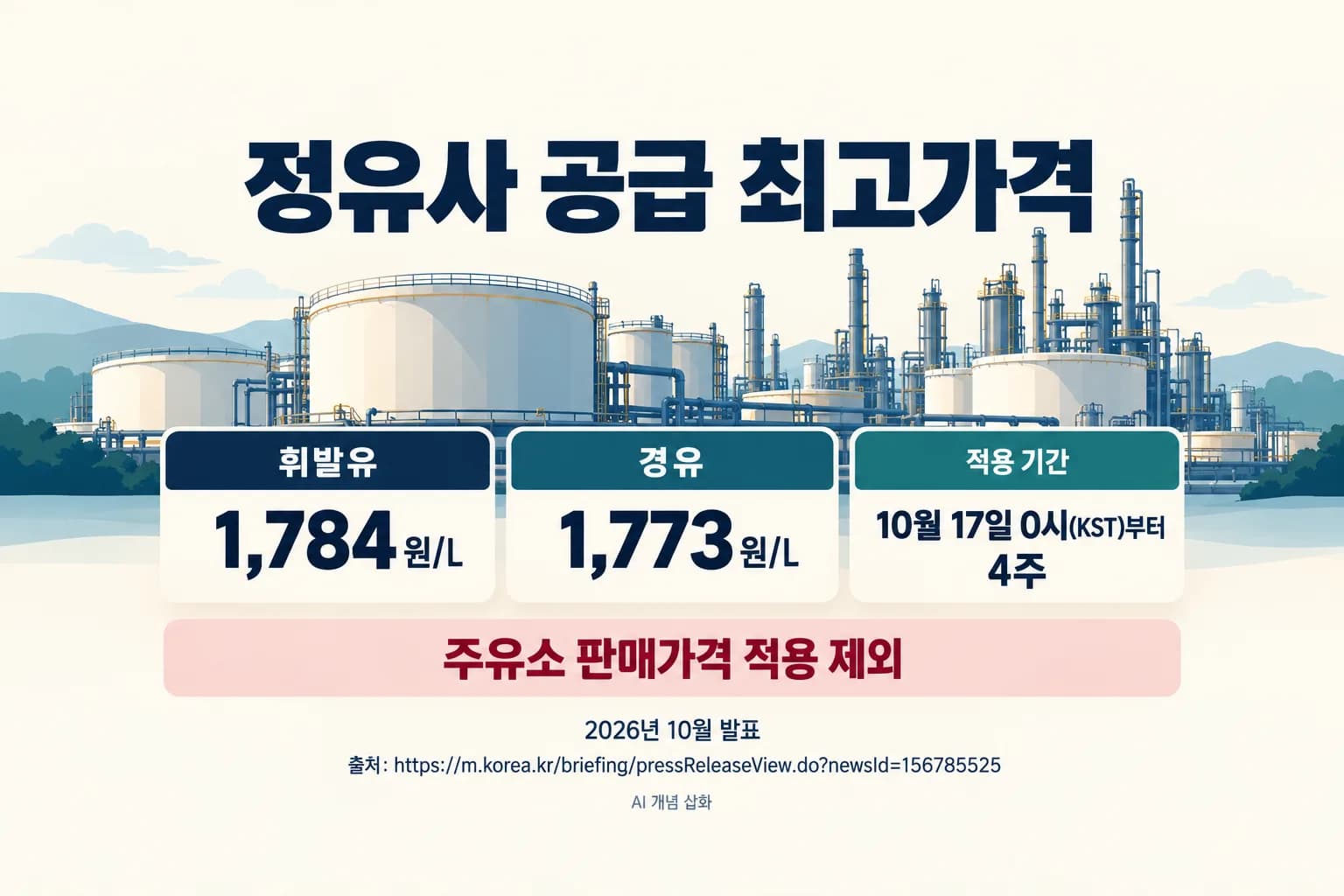한국 정유사 공급 최고가격 4주 더 동결…휘발유 리터당 1,784원