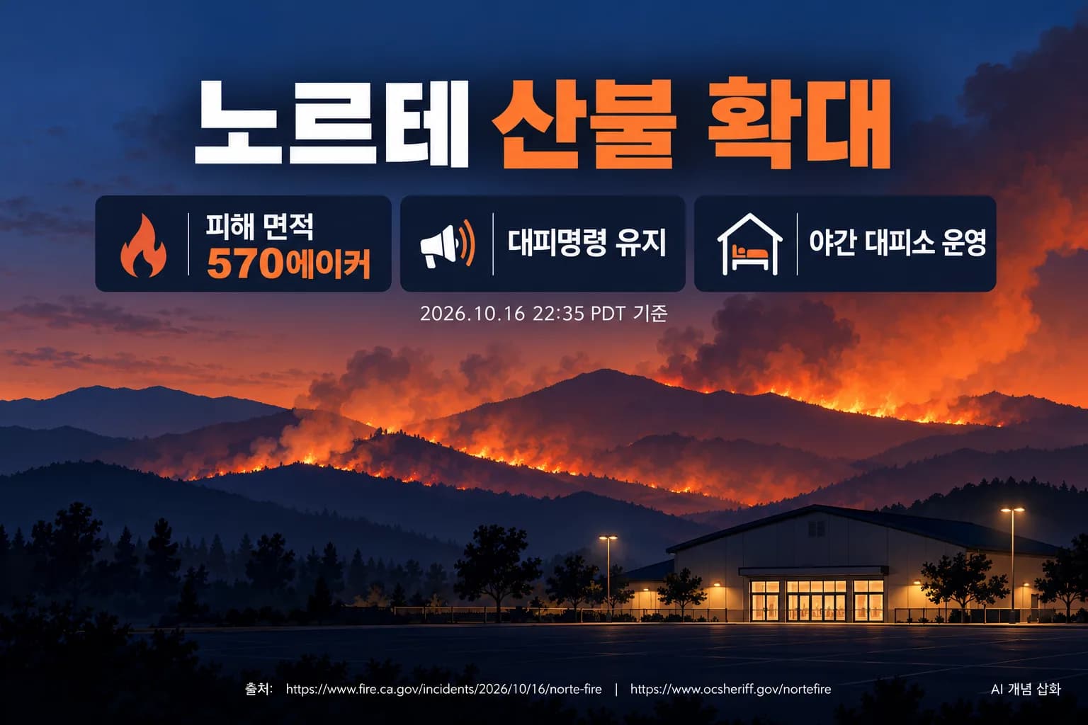 노르테 산불 570에이커로 확대…야간 대피소 운영·연방 진화비 지원