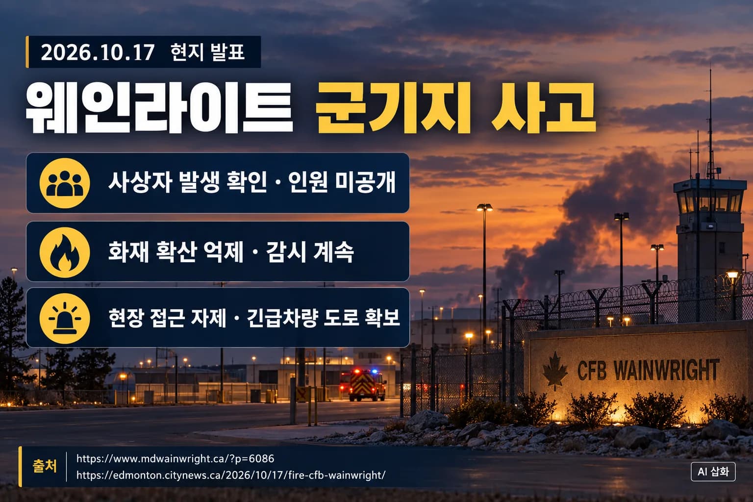 캐나다 군기지 사고로 사상자…웨인라이트 화재 밤사이 확산 억제