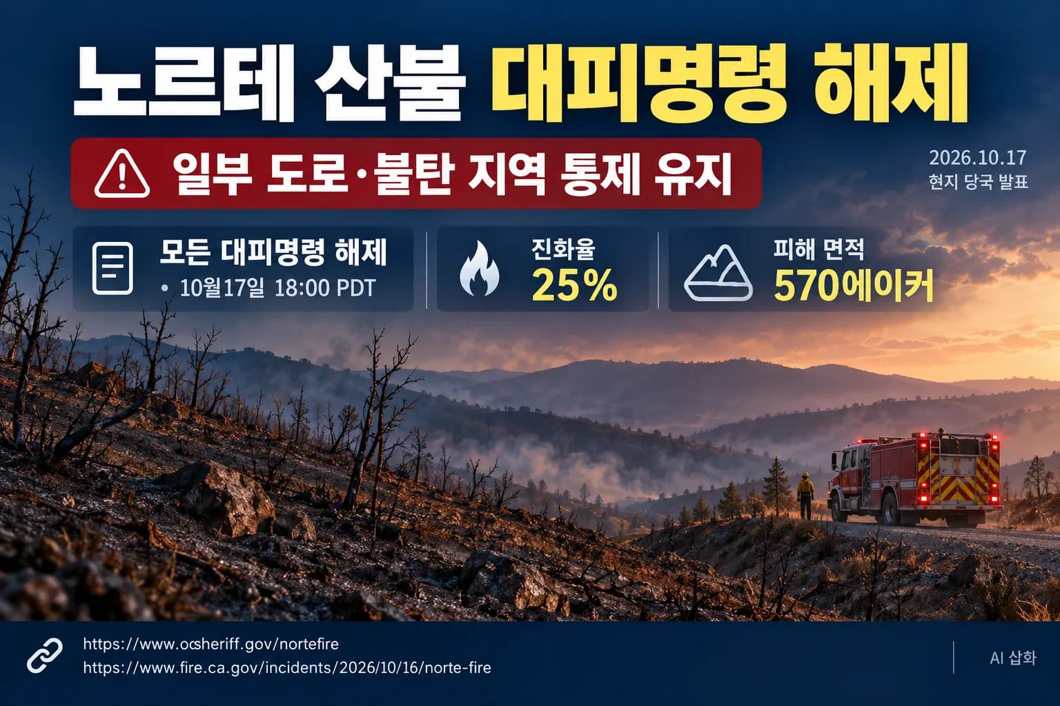 노르테 산불 대피명령 모두 해제…진화율 25%, 일부 도로는 통제