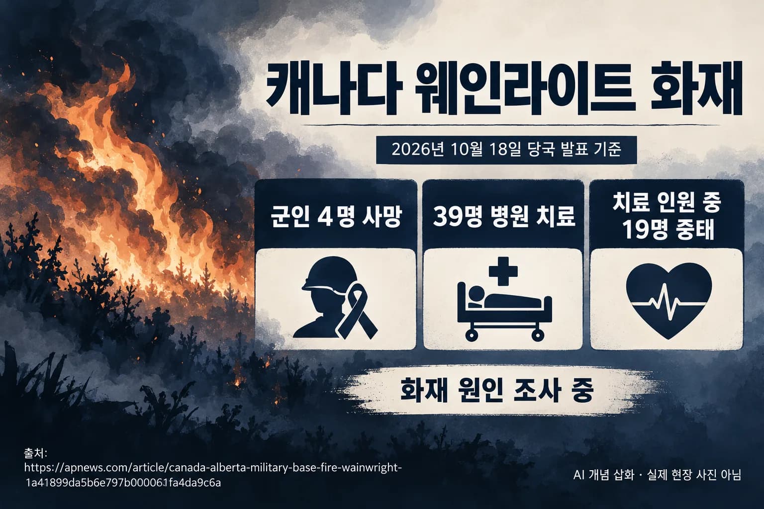 캐나다 군기지 화재, 군인 4명 사망 확인…39명 치료·19명 중태