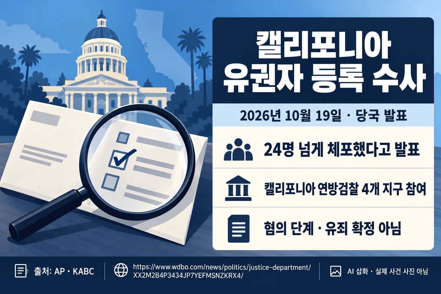 미 연방당국, 캘리포니아 비시민권자 유권자 등록 수사로 24명 넘게 체포