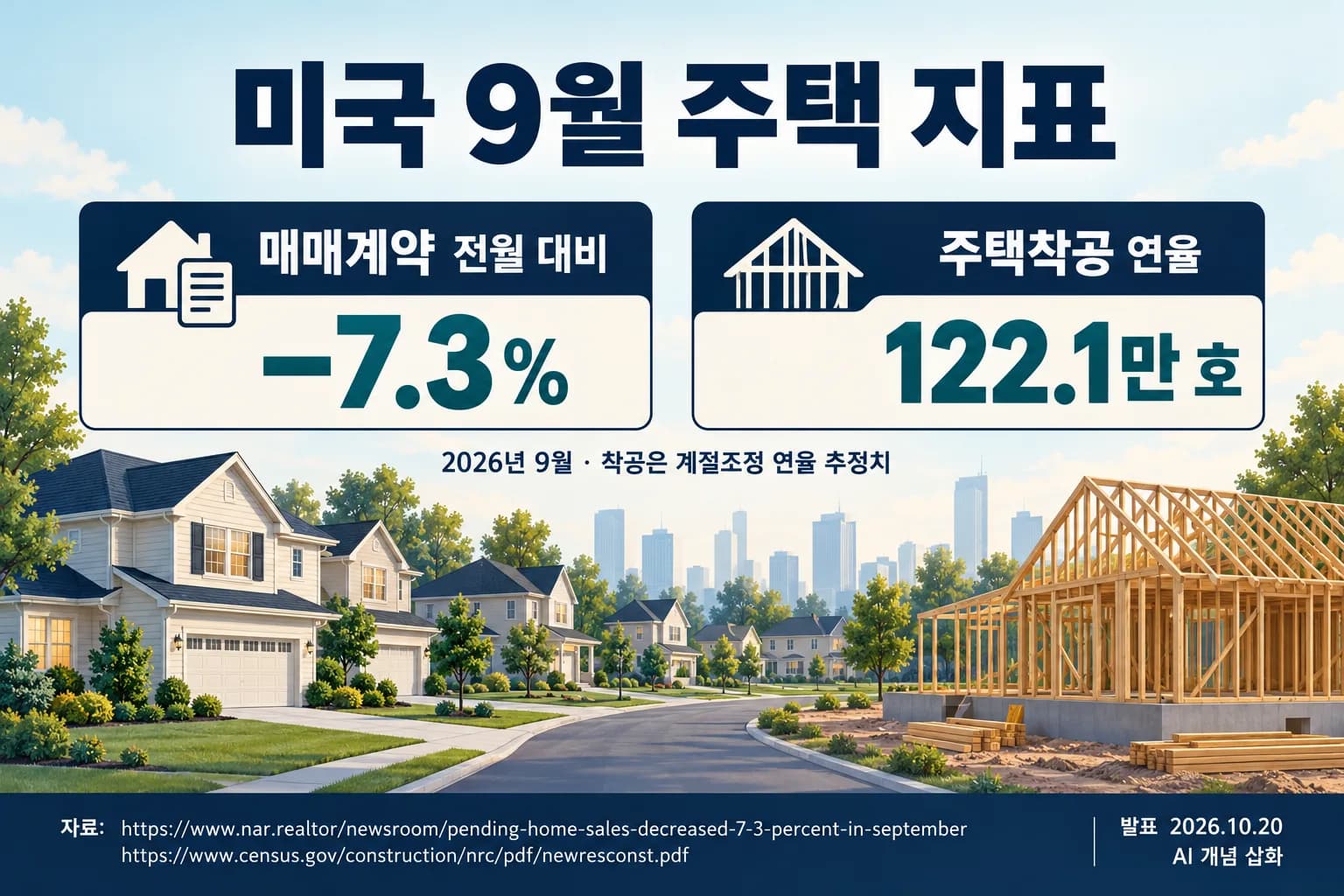 미국 9월 주택 매매계약 7.3% 감소…착공 추정치도 내려