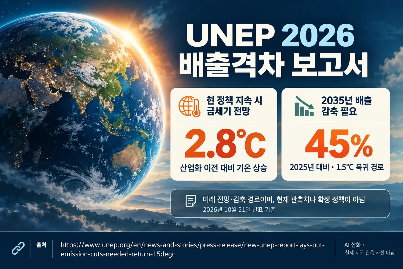 UNEP “현 정책 유지하면 금세기 2.8도 상승”…2035년 배출 45% 감축 경로 제시