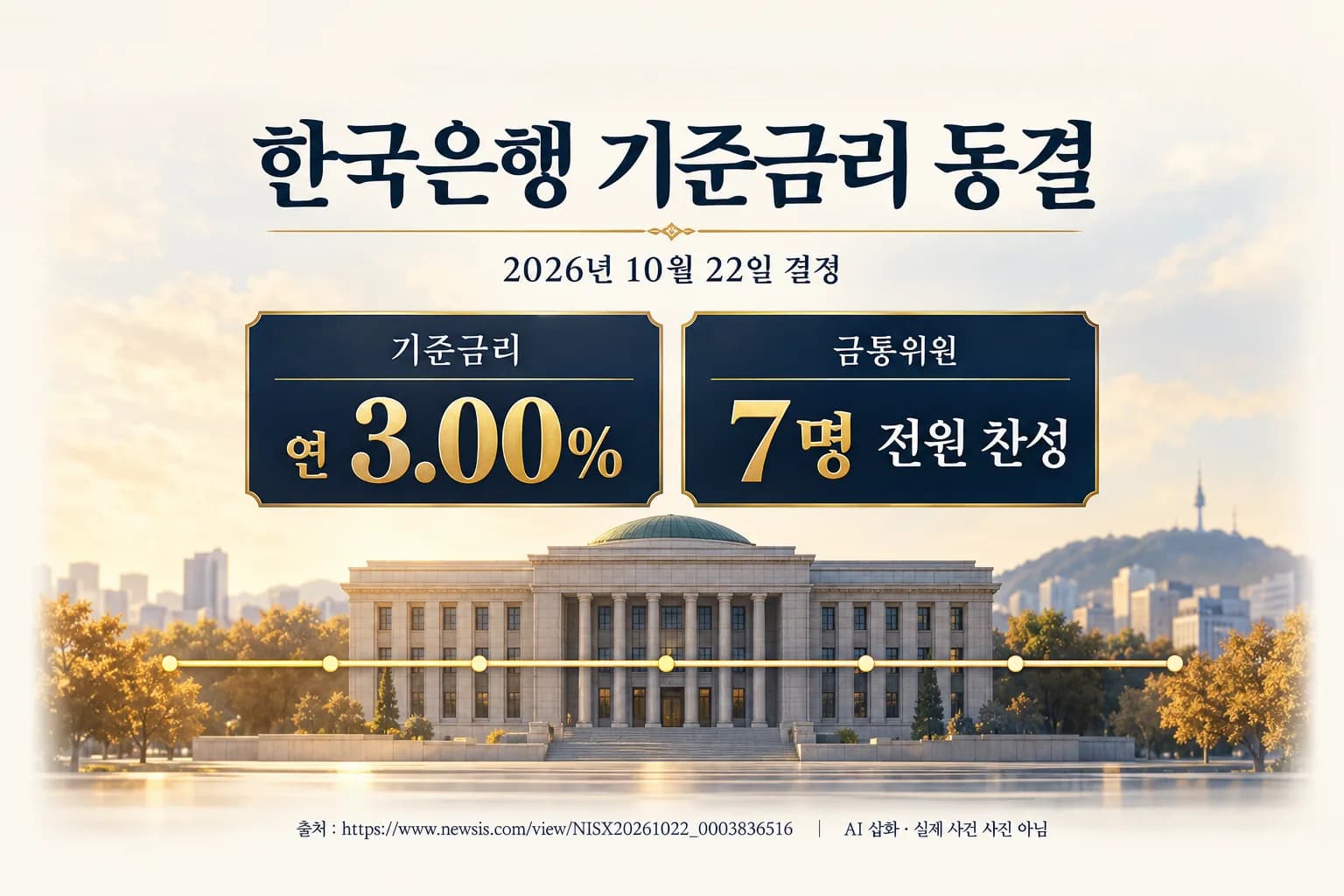 한은, 기준금리 3.00% 동결…추가 인상 시기·속도는 계속 점검