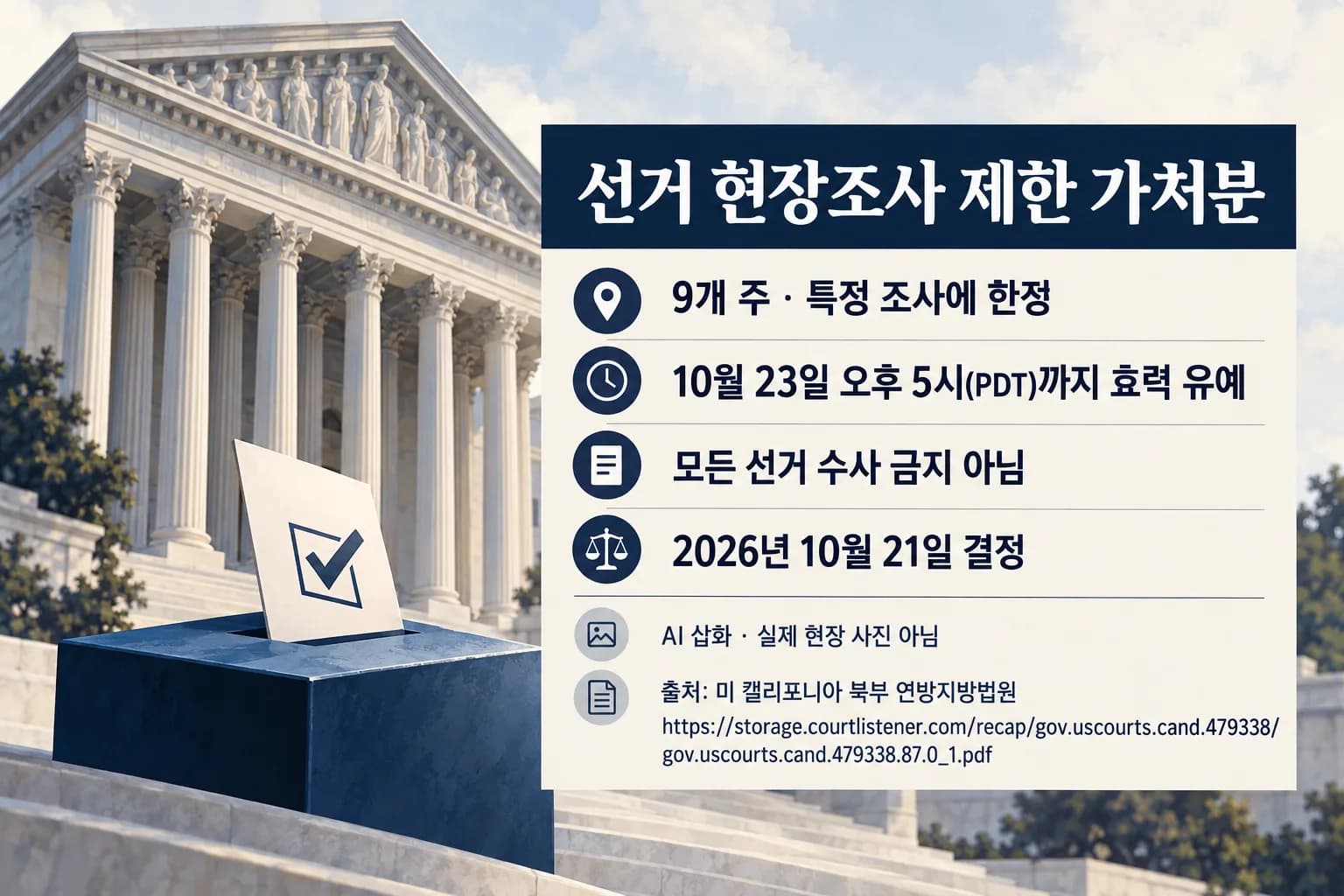 미 법원, 9개 주 시민권자 연루 선거 현장조사 제한…23일까지 효력 유예