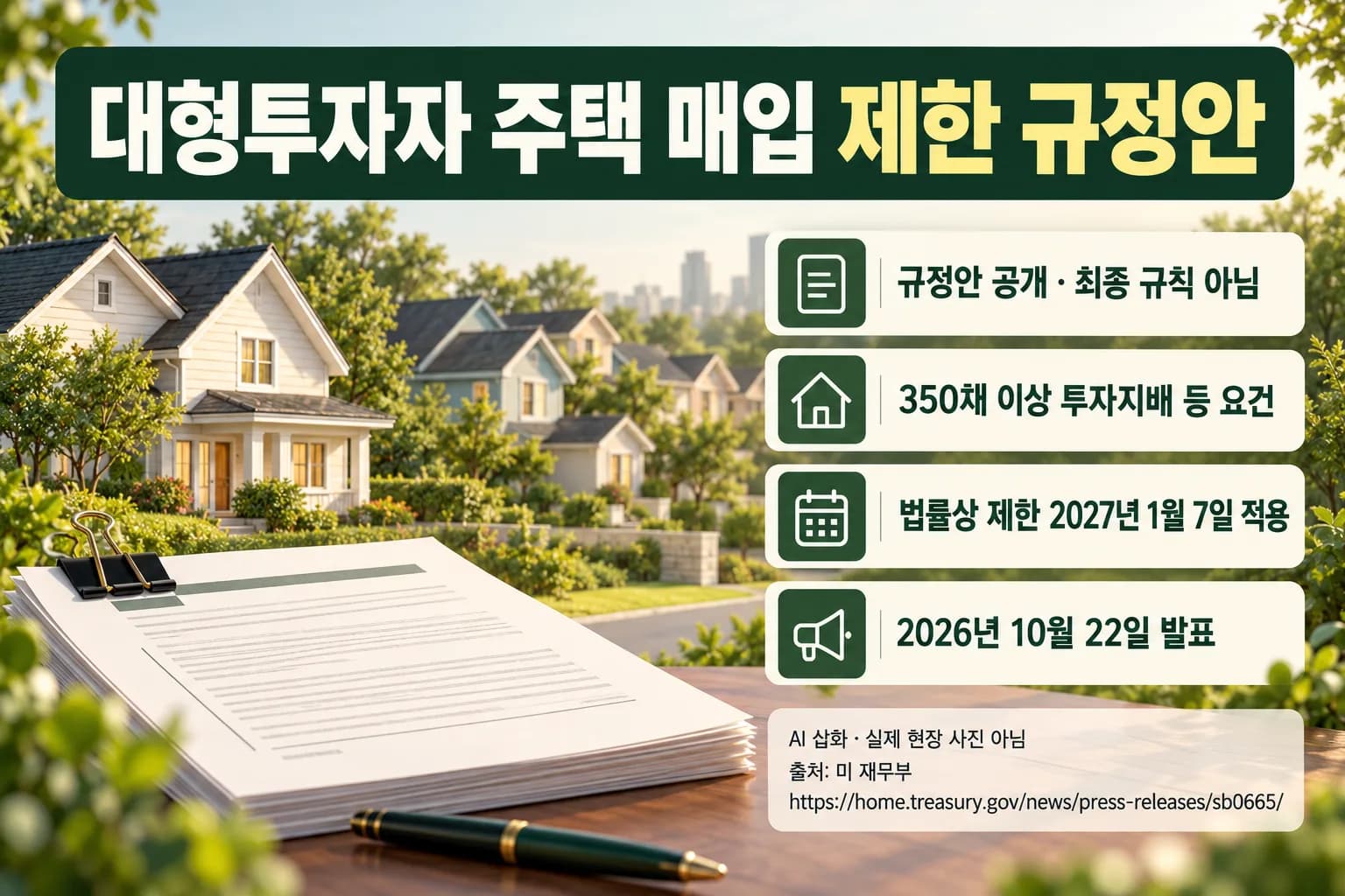 미 재무부, 대형투자자 단독주택 매입 제한 규정안 공개…내년 1월 적용 준비