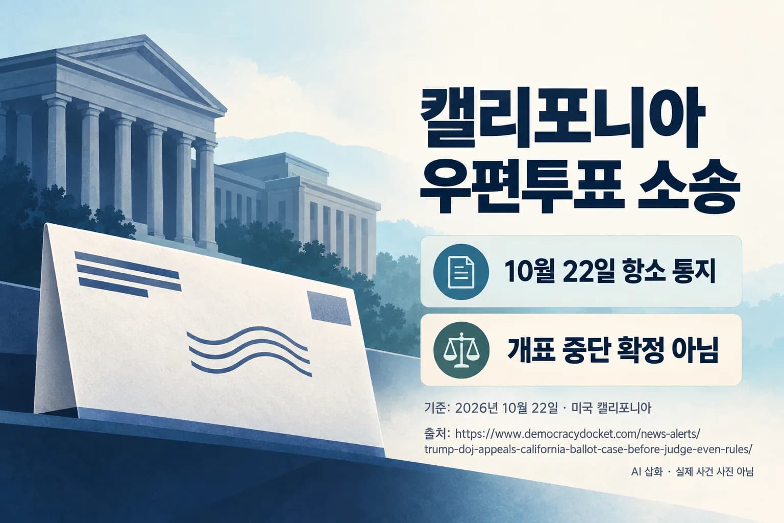 미 법무부, 캘리포니아 우편투표 개표 제한 요구 항소…하급심 판단 전 이례적 절차