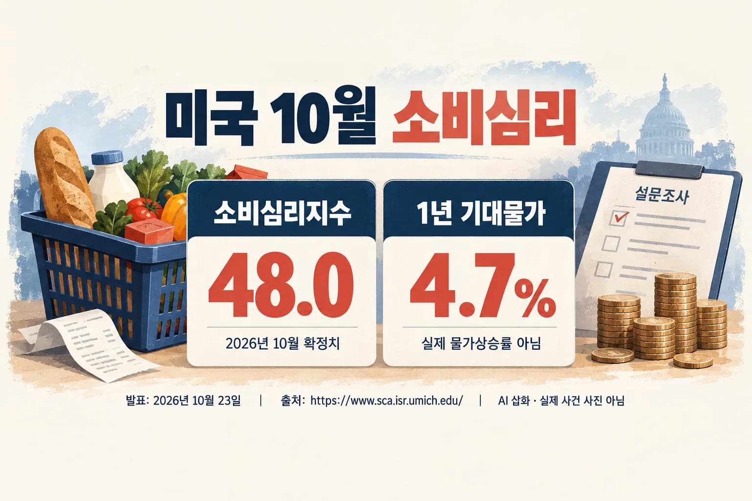 미 10월 소비심리 48.0…물가 기대 높아지고 기업 활동은 확장