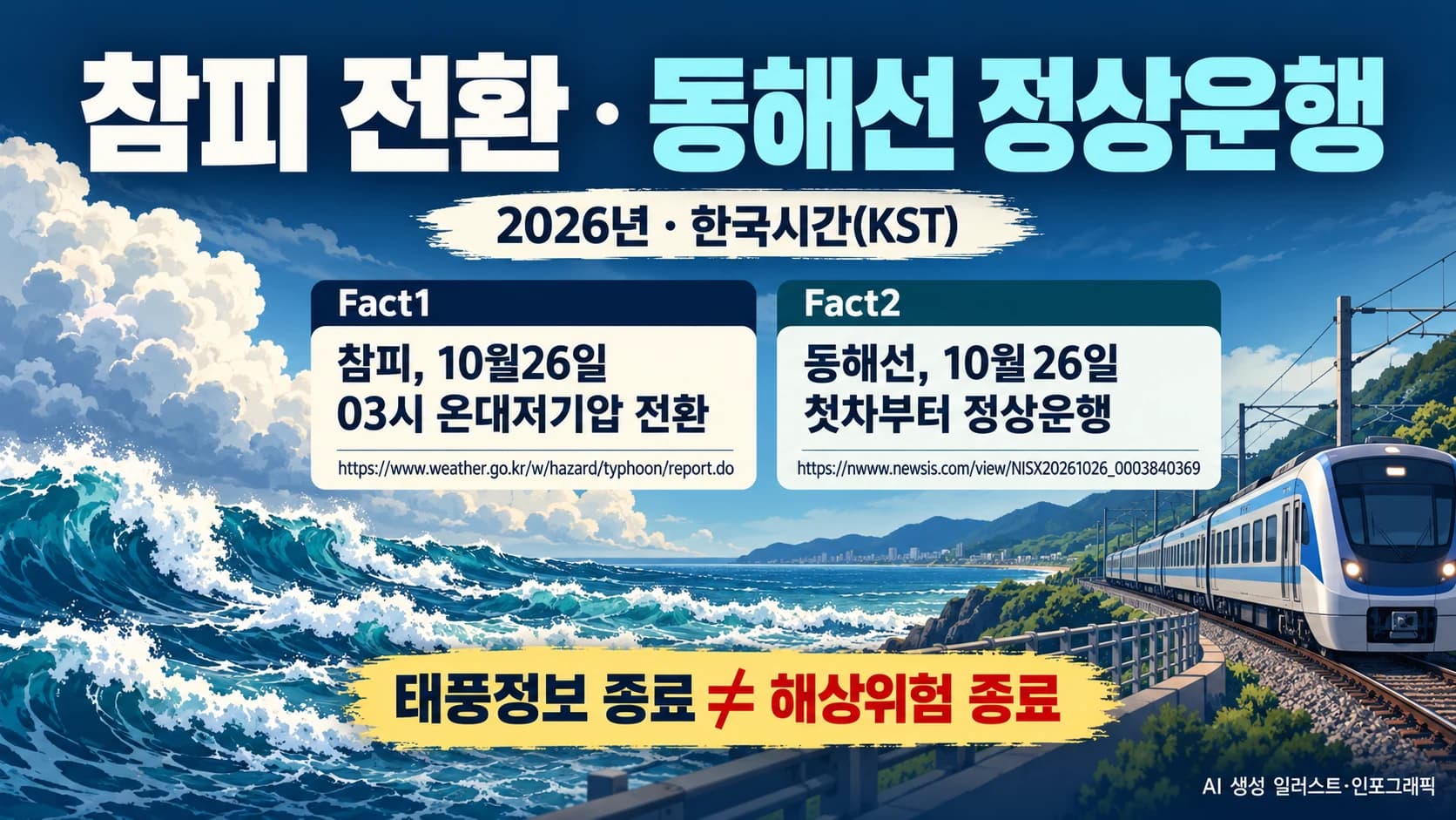 참피, 26일 새벽 온대저기압으로 전환…동해선은 첫차부터 정상운행
