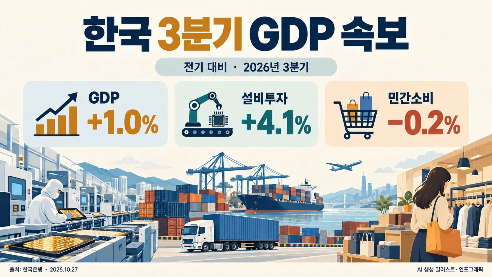 한국 3분기 성장률 1.0%…설비투자 4.1% 늘었지만 민간소비는 뒷걸음