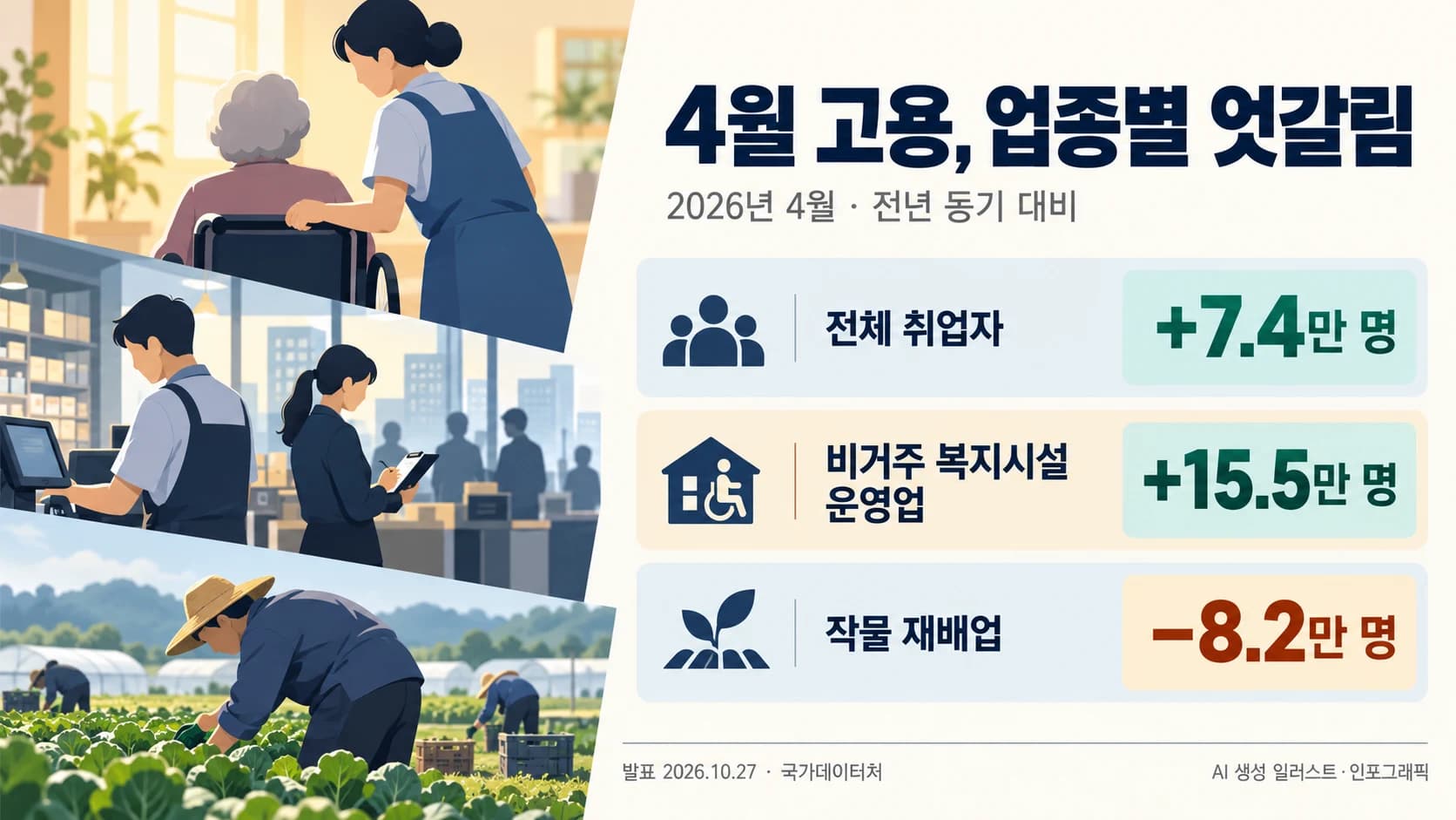 4월 취업자 7만4천 명 증가…복지시설 늘고 농업·판매직 감소