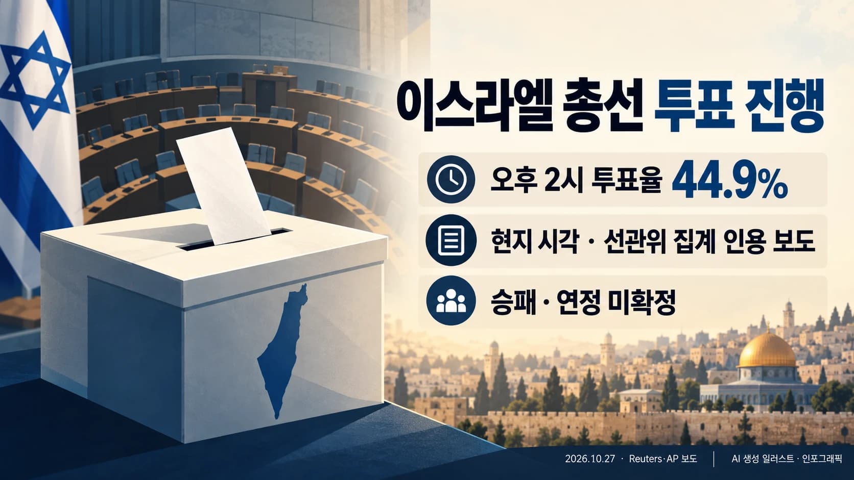 이스라엘 총선 오후 2시 투표율 44.9% 보도…승패·연정은 미정
