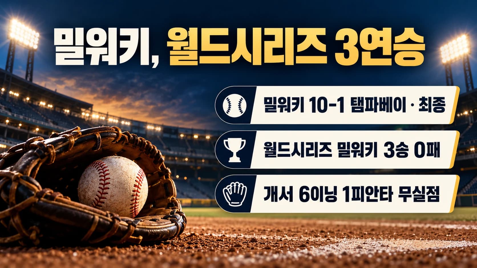 밀워키, 월드시리즈 3차전 10-1 대승…첫 우승까지 1승