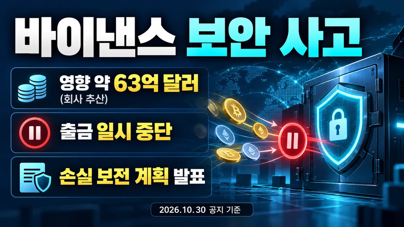 바이낸스, 보안 사고 영향 약 63억 달러 추산…출금 중단·손실 보전 계획