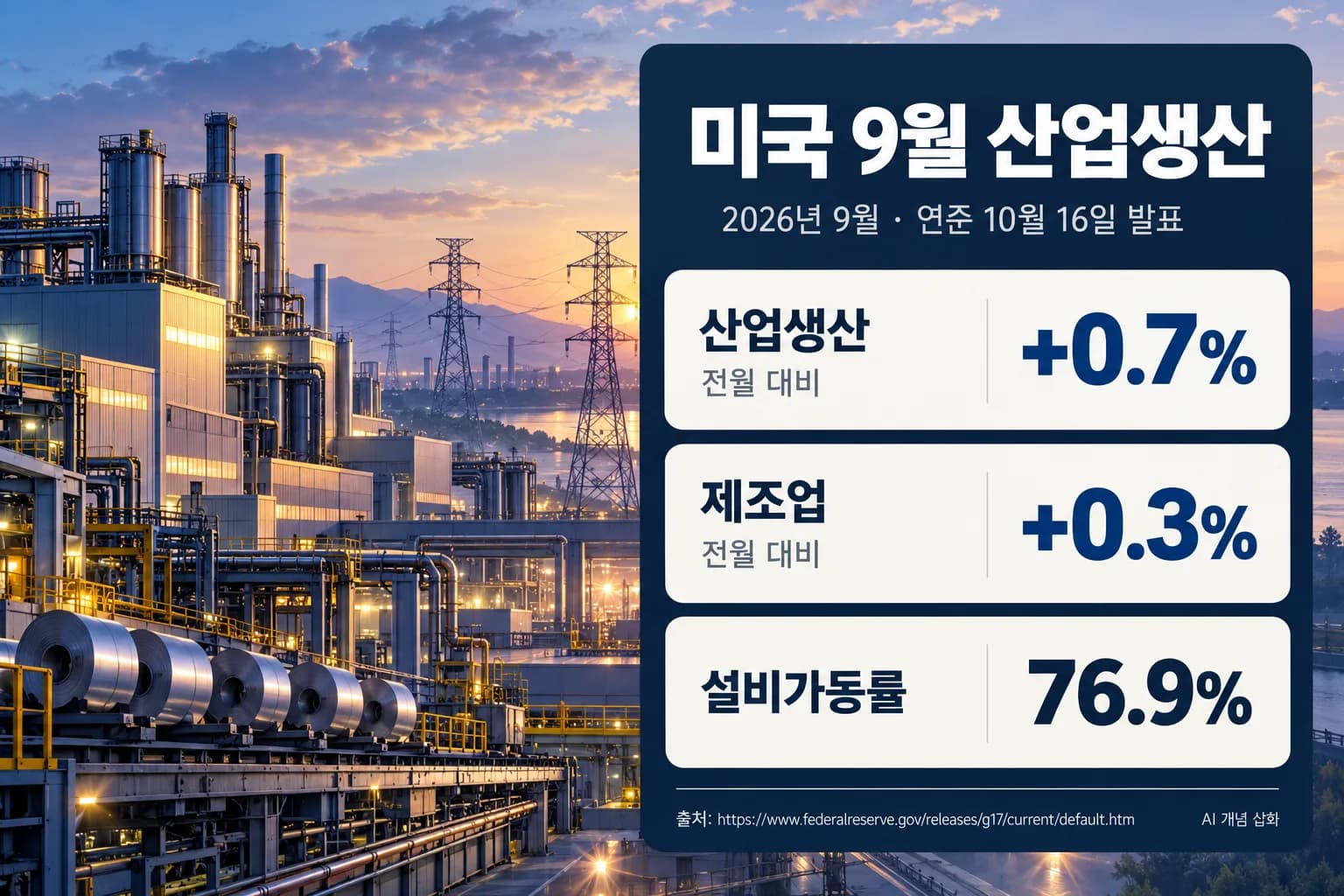 미국 9월 산업생산 0.7% 증가…제조업 반등은 0.3%