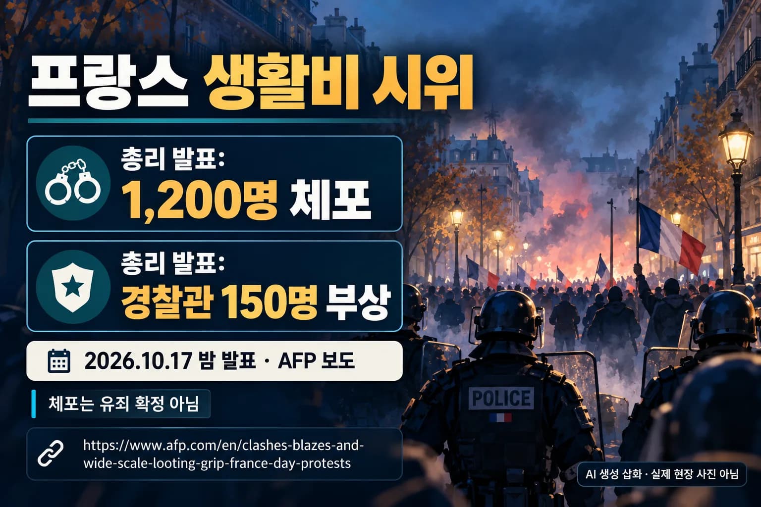 프랑스 생활비 시위 뒤 방화·약탈 확산…총리 “1천200명 체포”