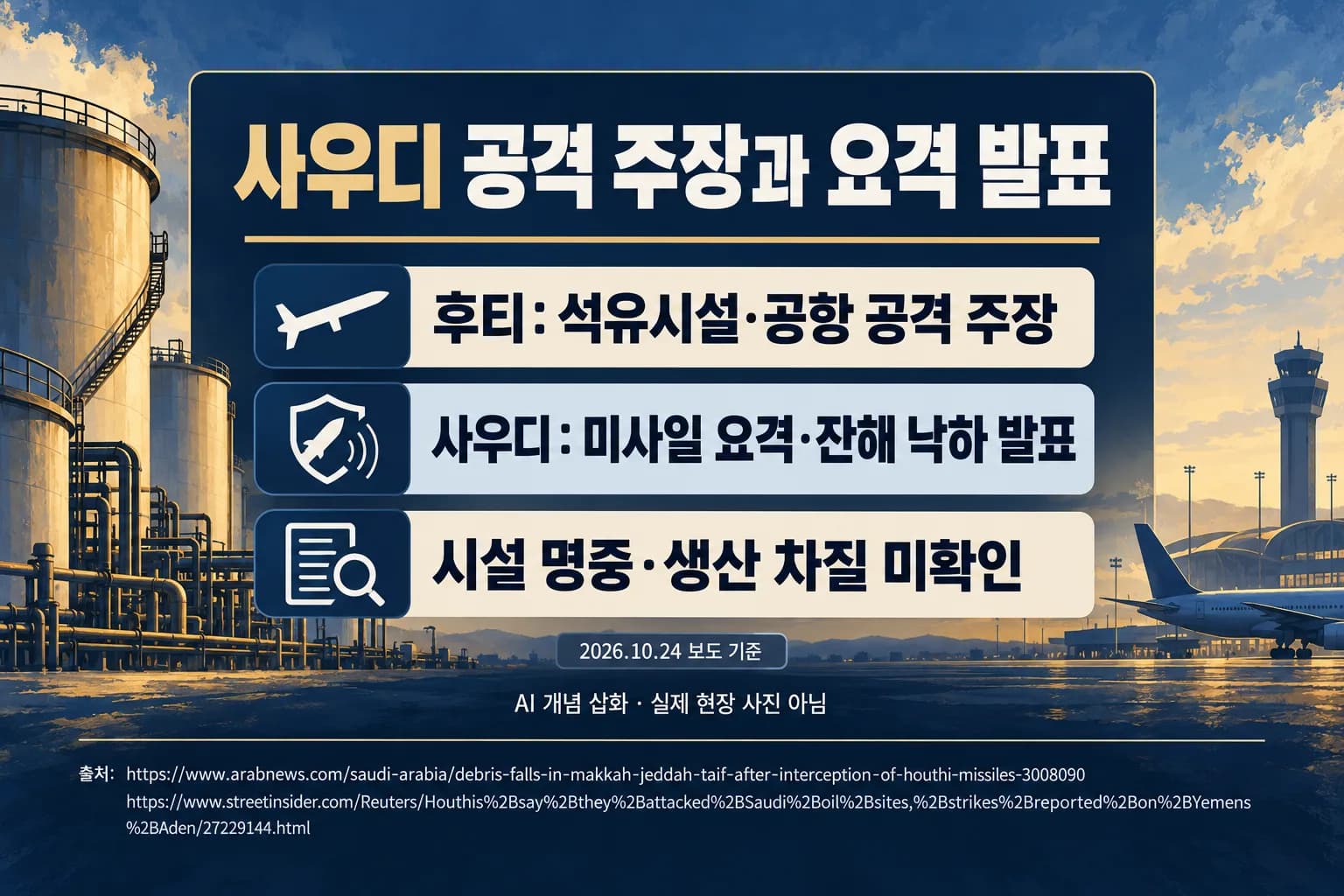 후티, 사우디 석유시설·공항 공격 주장…사우디는 미사일 요격·잔해 낙하 발표