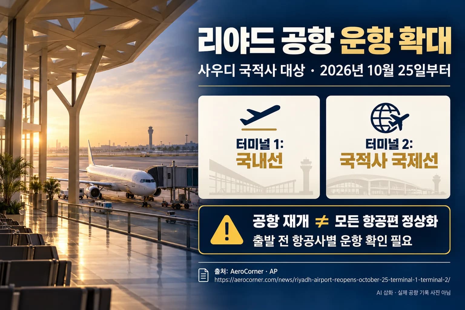 리야드 공항, 25일부터 국적사 운항 확대…공항 재개와 항공편 정상화는 별개