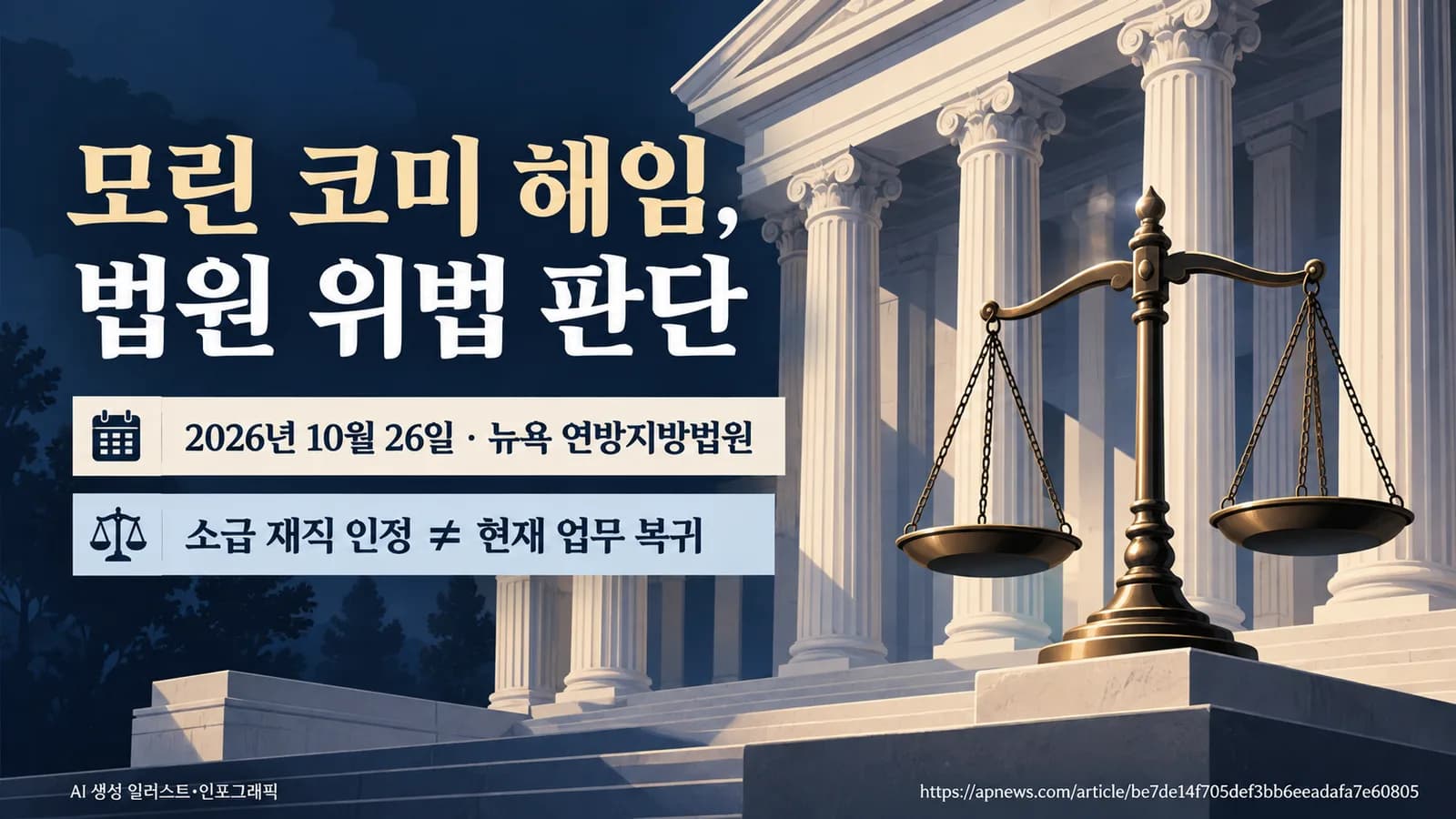 미 법원, 모린 코미 검사 해임 위법 판단…대통령 해임권에 제동