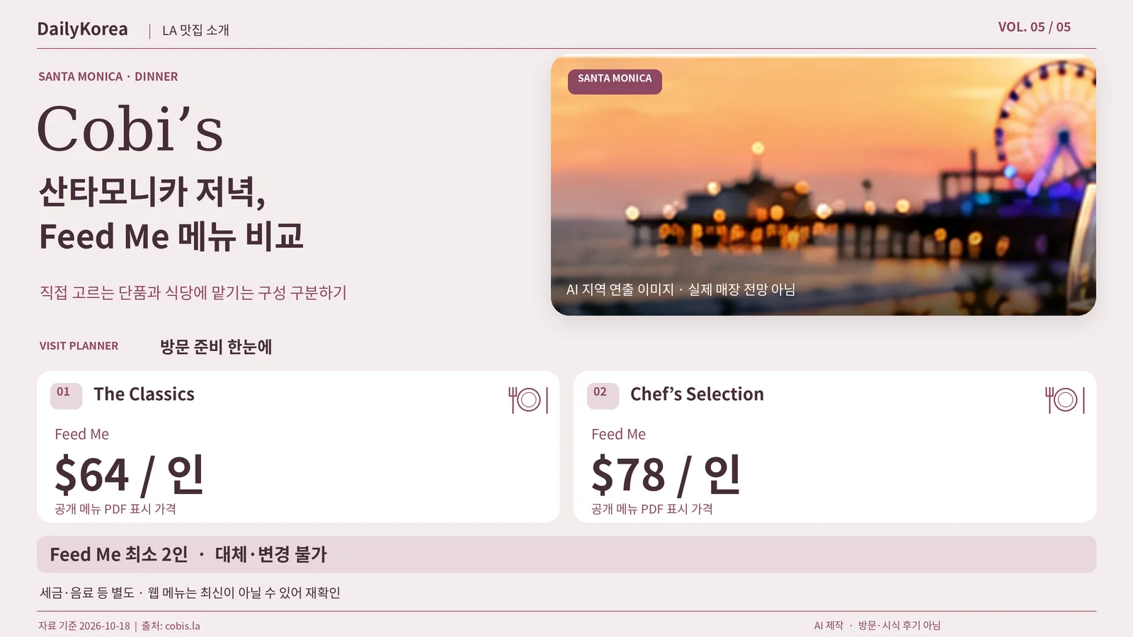 LA 맛집 소개 ⑤ Cobi’s: 산타모니카 저녁, 단품과 Feed Me 메뉴 비교