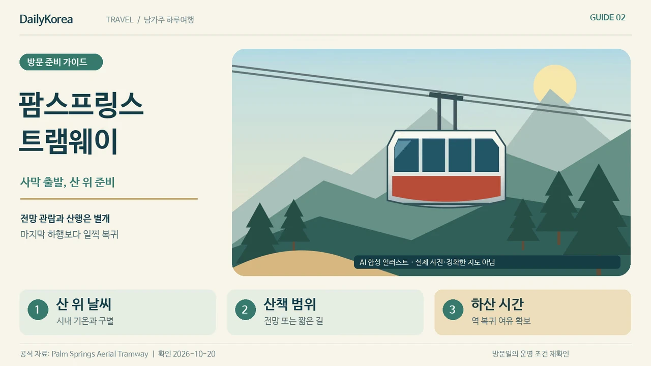 팜스프링스 트램웨이: 표보다 먼저 확인할 산 위 날씨·산책 범위·마지막 하산